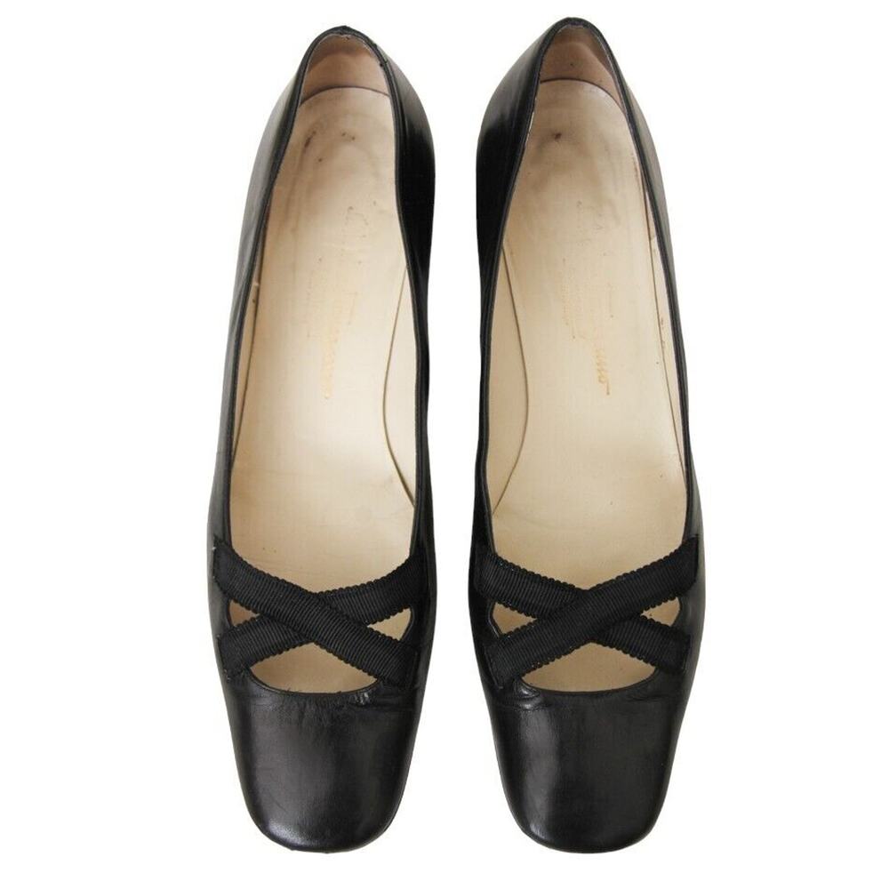 Salvatore Ferragamo Black Leather Elastic Crisscross Square Toe Pumps - Picture 4 of 9